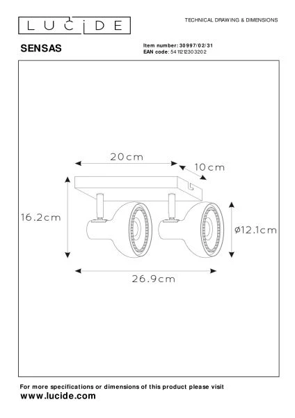 Lucide SENSAS - Spot plafond - 2xGU10 (ES111) - Blanc - technique